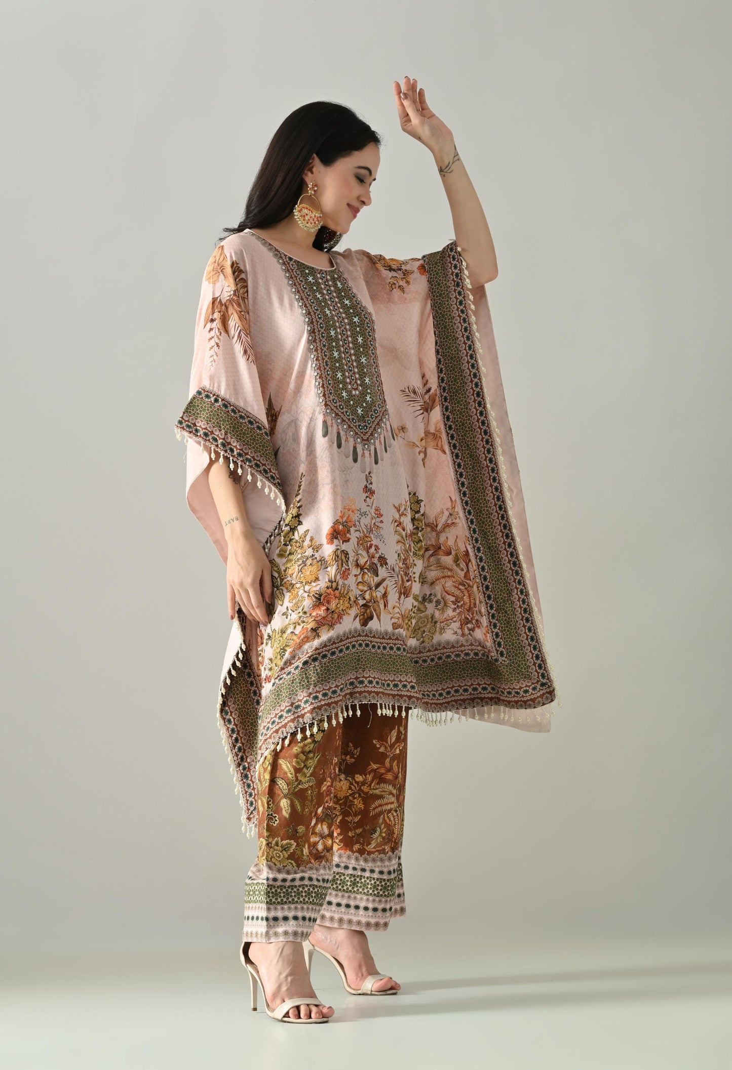 Muslin Digital Print Kaftan Set with Matching Pants  Size 42