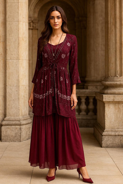 Plum Wine Georgette Cape 3pc indowestern Setin 40-42 size