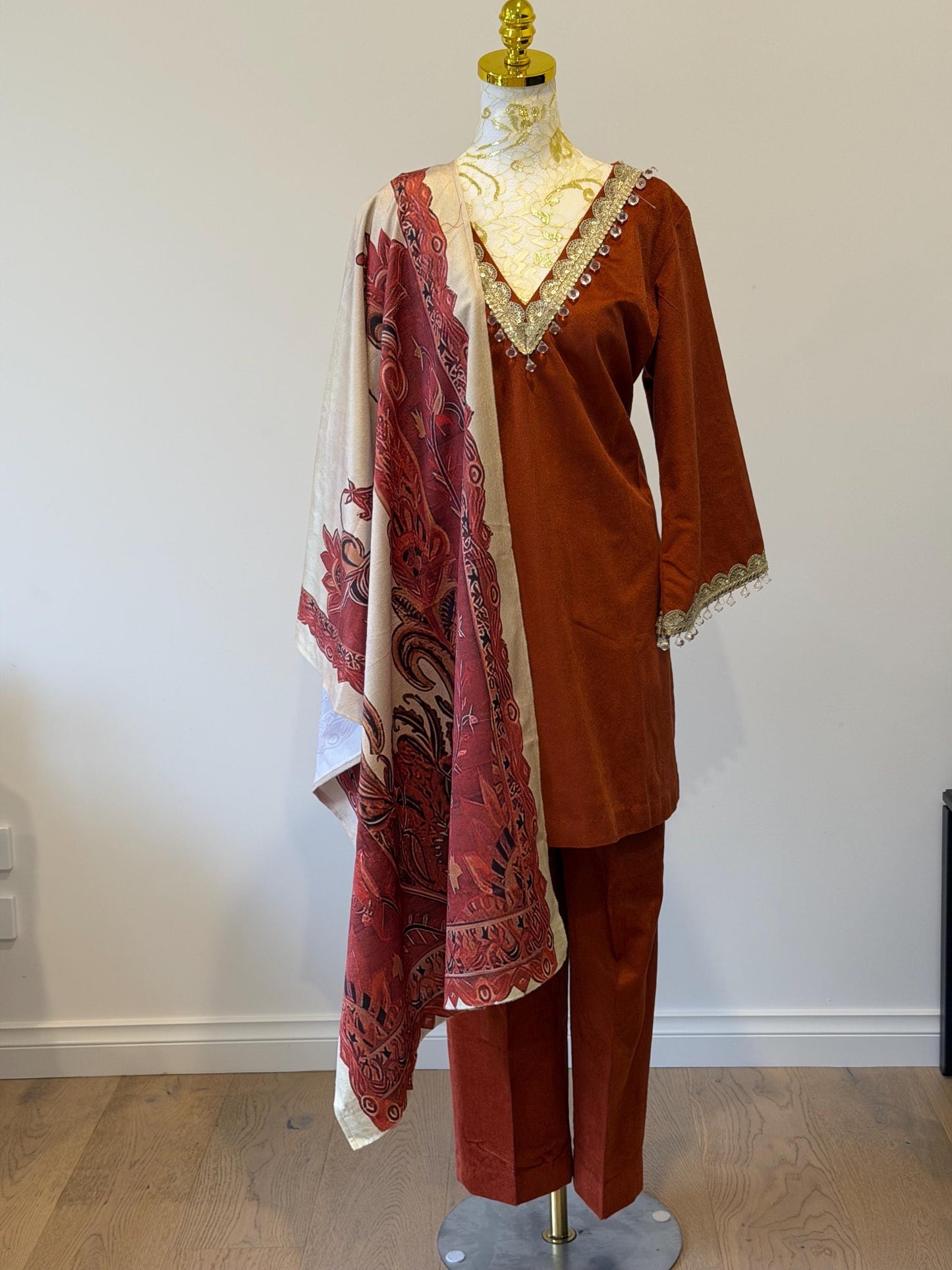 Rust Velvet Indian Outfit with Digital Print Stole | Size 44