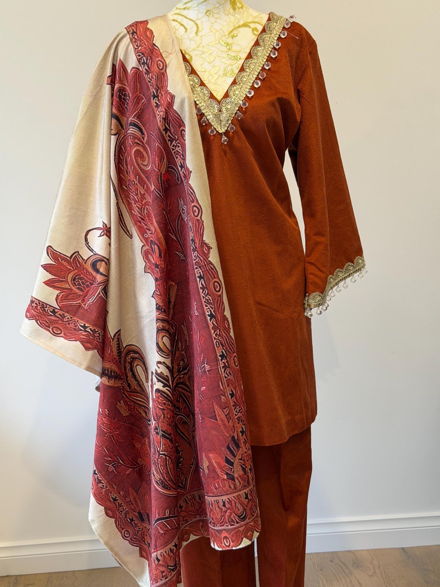 Rust Velvet Indian Outfit with Digital Print Stole | Size 44