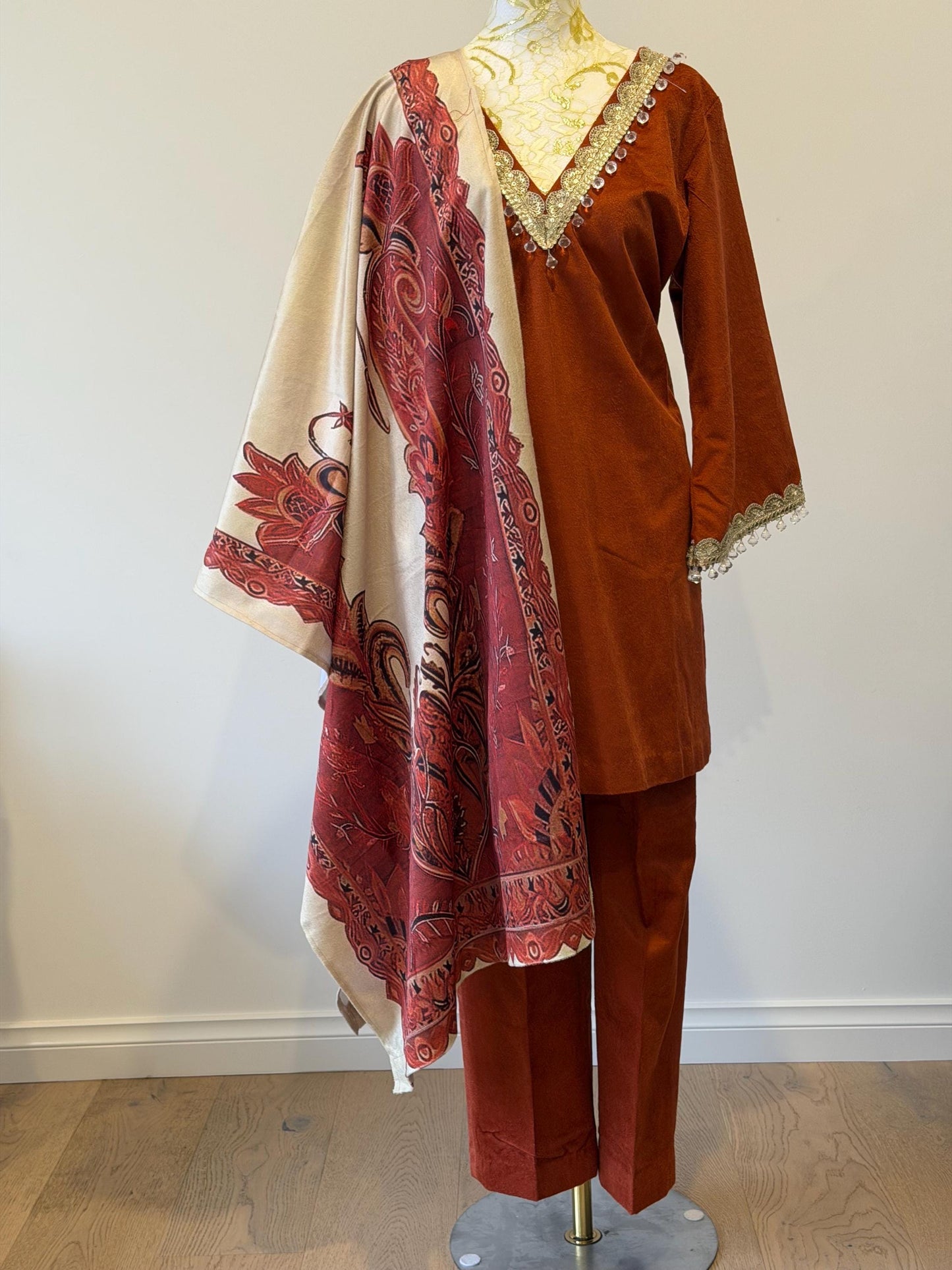Rust Velvet Indian Outfit with Digital Print Stole | Size 44