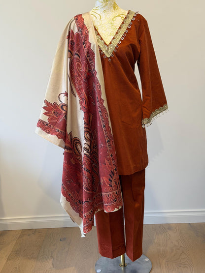 Rust Velvet Indian Outfit with Digital Print Stole | Size 44