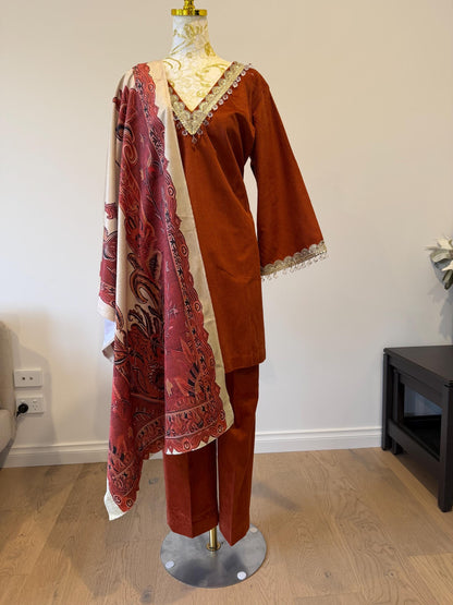 Rust Velvet Indian Outfit with Digital Print Stole | Size 44