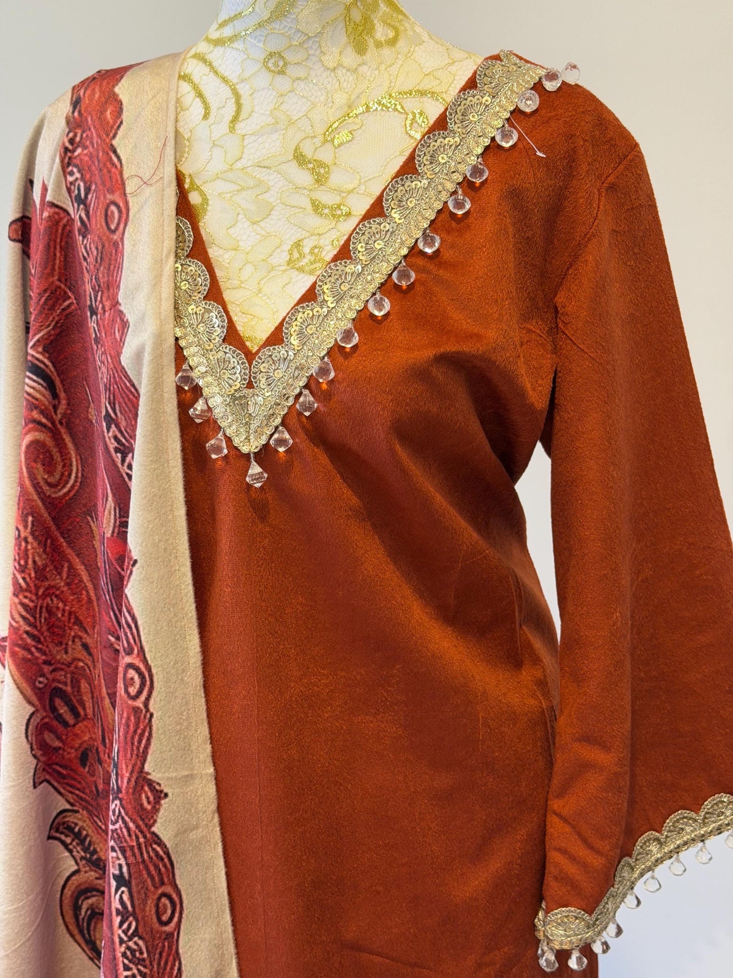 Rust Velvet Indian Outfit with Digital Print Stole | Size 44