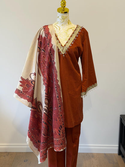 Rust Velvet Indian Outfit with Digital Print Stole | Size 44