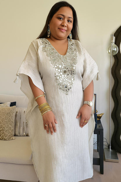 Ivory Gold Crush tissue Kaftan with Real Mirror Work