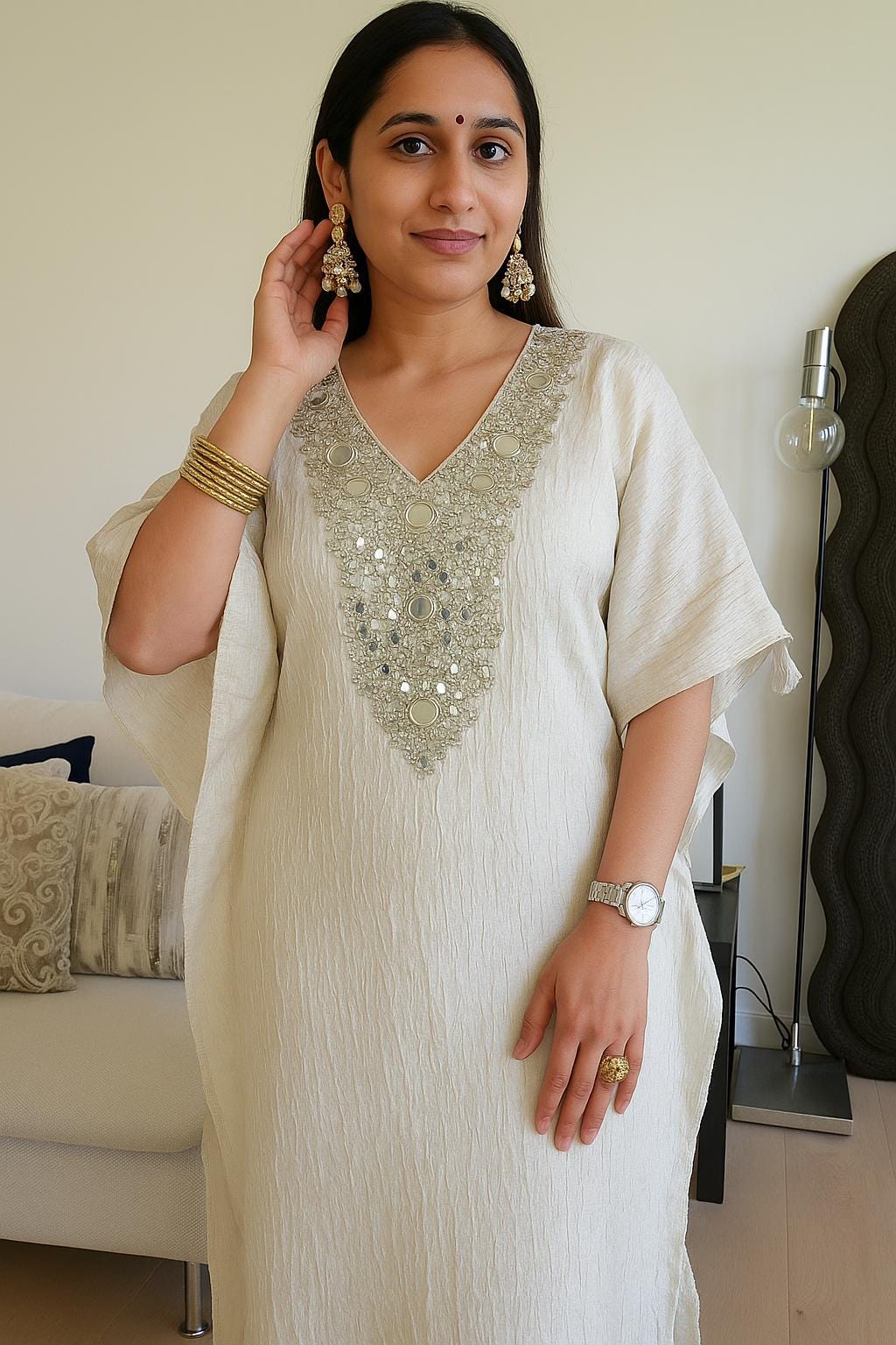 Ivory Gold Crush tissue Kaftan with Real Mirror Work