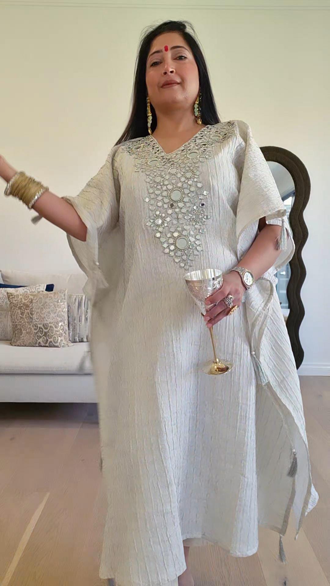 Ivory Gold Crush tissue Kaftan with Real Mirror Work