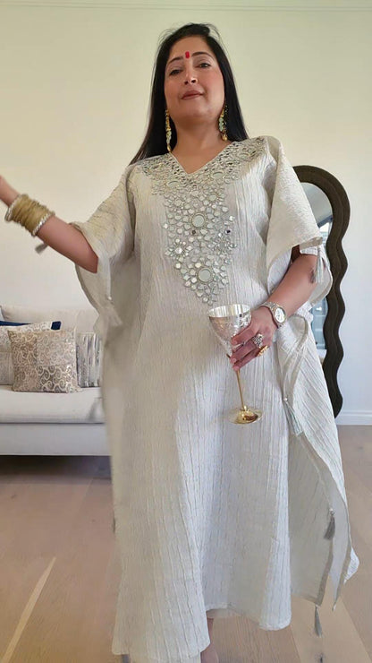 Ivory Gold Crush tissue Kaftan with Real Mirror Work