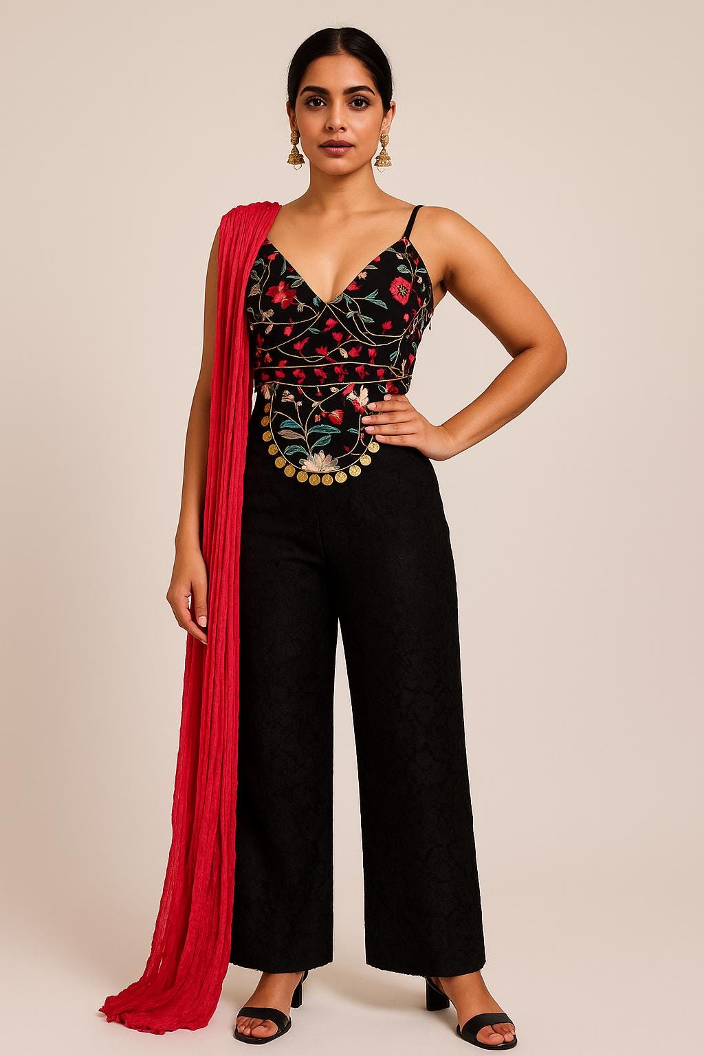 Handcrafted Multi-Embroidered top with Pants And Silk Red Dupatta (Size 38)