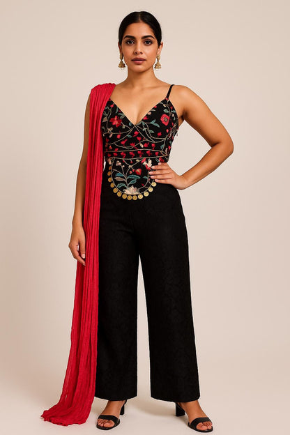 Handcrafted Multi-Embroidered top with Pants And Silk Red Dupatta (Size 38)