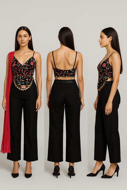 Handcrafted Multi-Embroidered top with Pants And Silk Red Dupatta (Size 38)