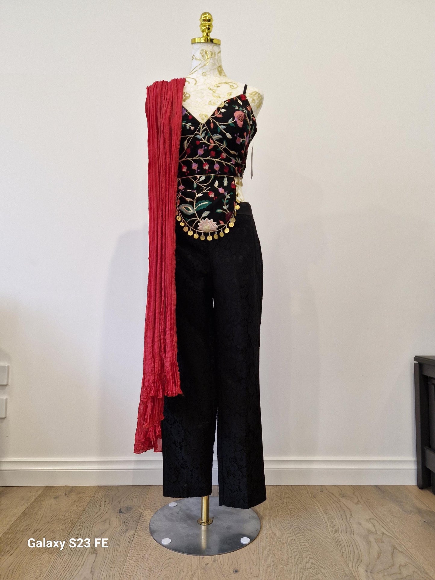 Handcrafted Multi-Embroidered top with Pants And Silk Red Dupatta (Size 38)