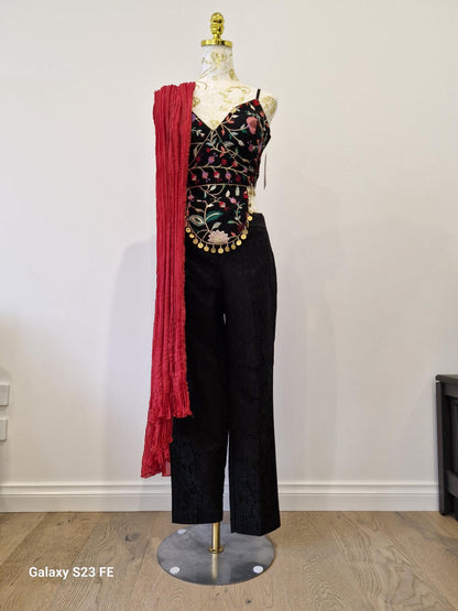 Handcrafted Multi-Embroidered top with Pants And Silk Red Dupatta (Size 38)