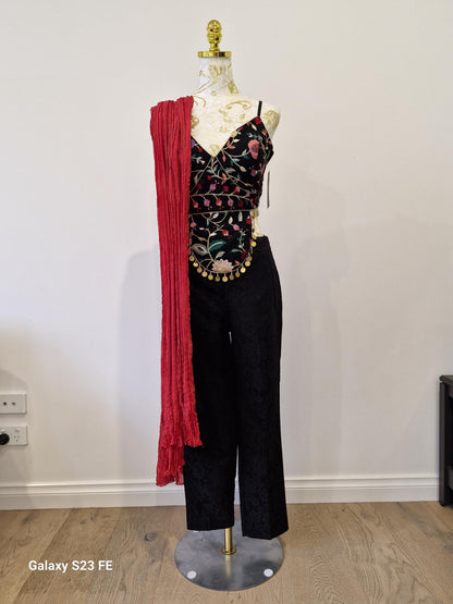 Handcrafted Multi-Embroidered top with Pants And Silk Red Dupatta (Size 38)