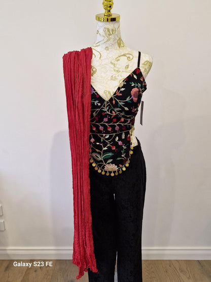 Handcrafted Multi-Embroidered top with Pants And Silk Red Dupatta (Size 38)