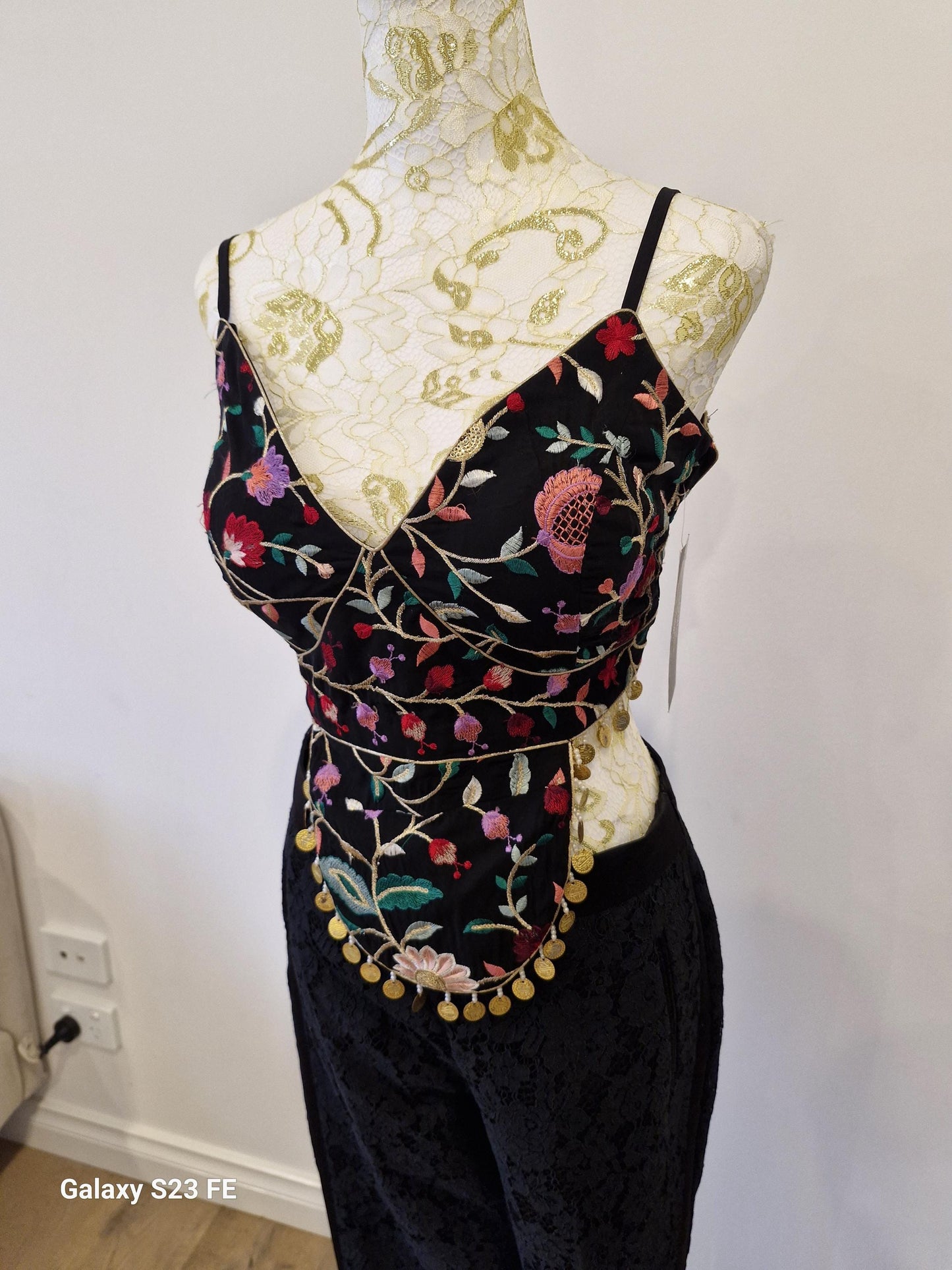Handcrafted Multi-Embroidered top with Pants And Silk Red Dupatta (Size 38)