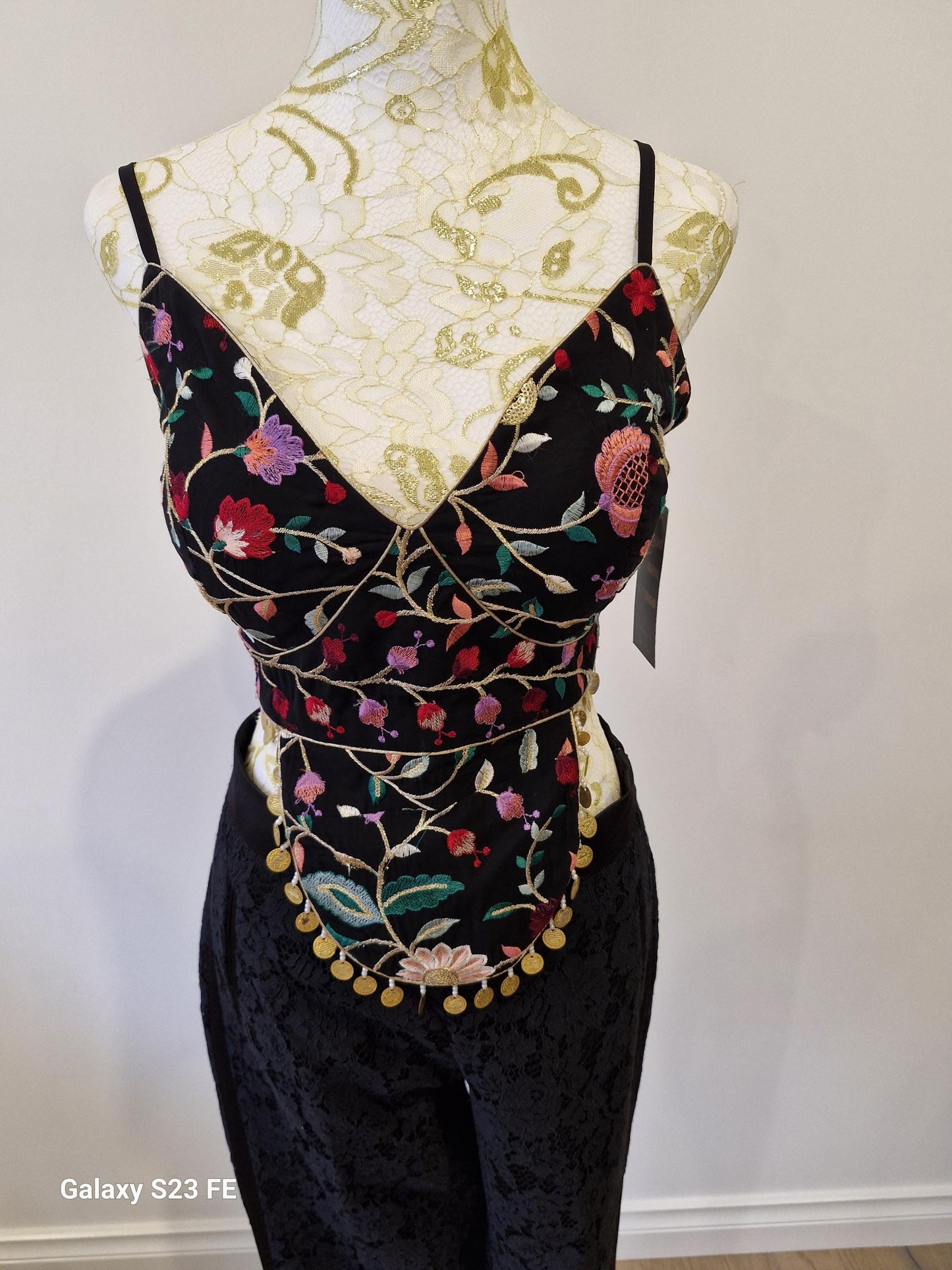 Handcrafted Multi-Embroidered top with Pants And Silk Red Dupatta (Size 38)
