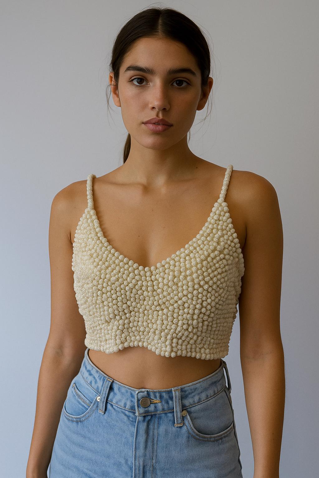 Hand Beaded Pearl Crop Top