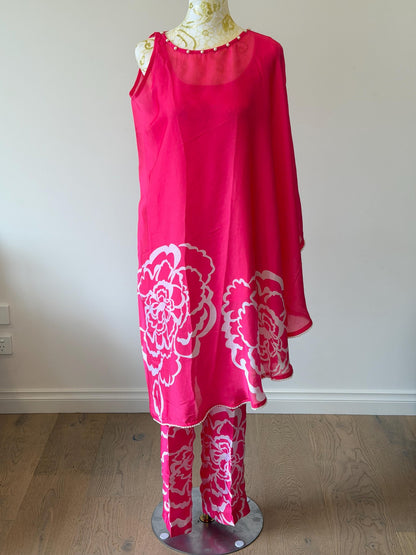 Bright Pink Satin Kaftan  Pearl & Lace Detail