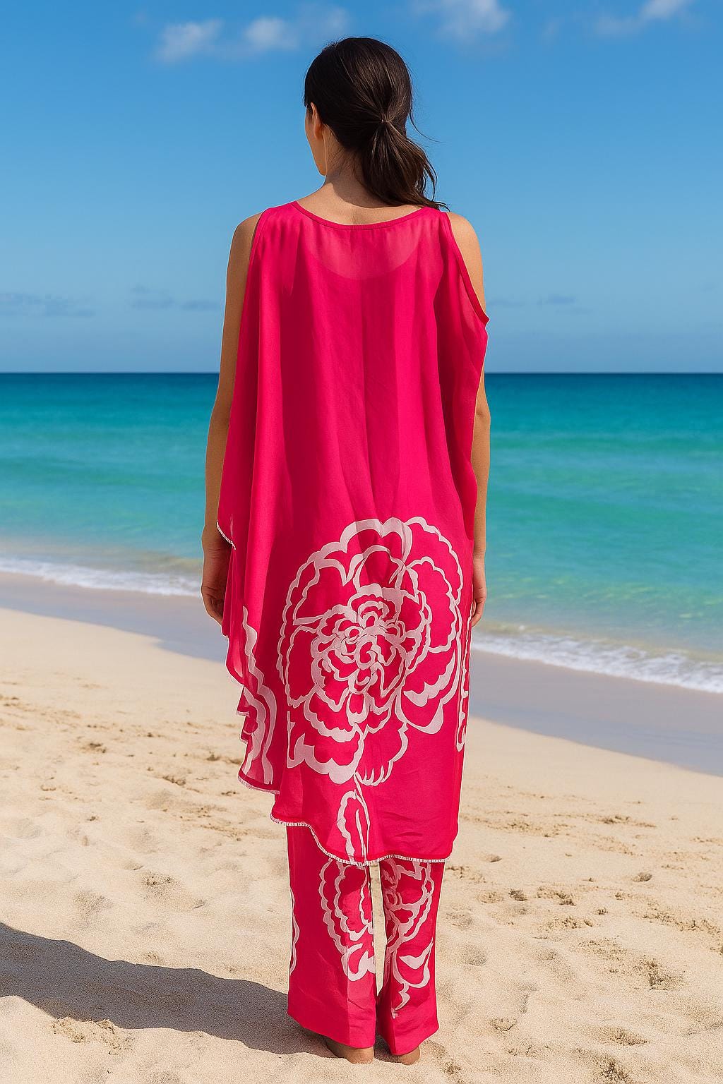 Bright Pink Satin Kaftan  Pearl & Lace Detail