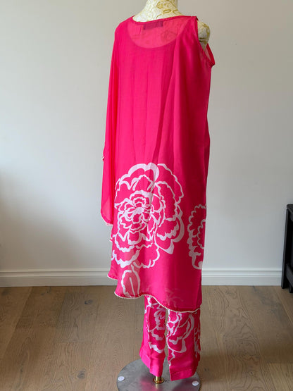 Bright Pink Satin Kaftan  Pearl & Lace Detail