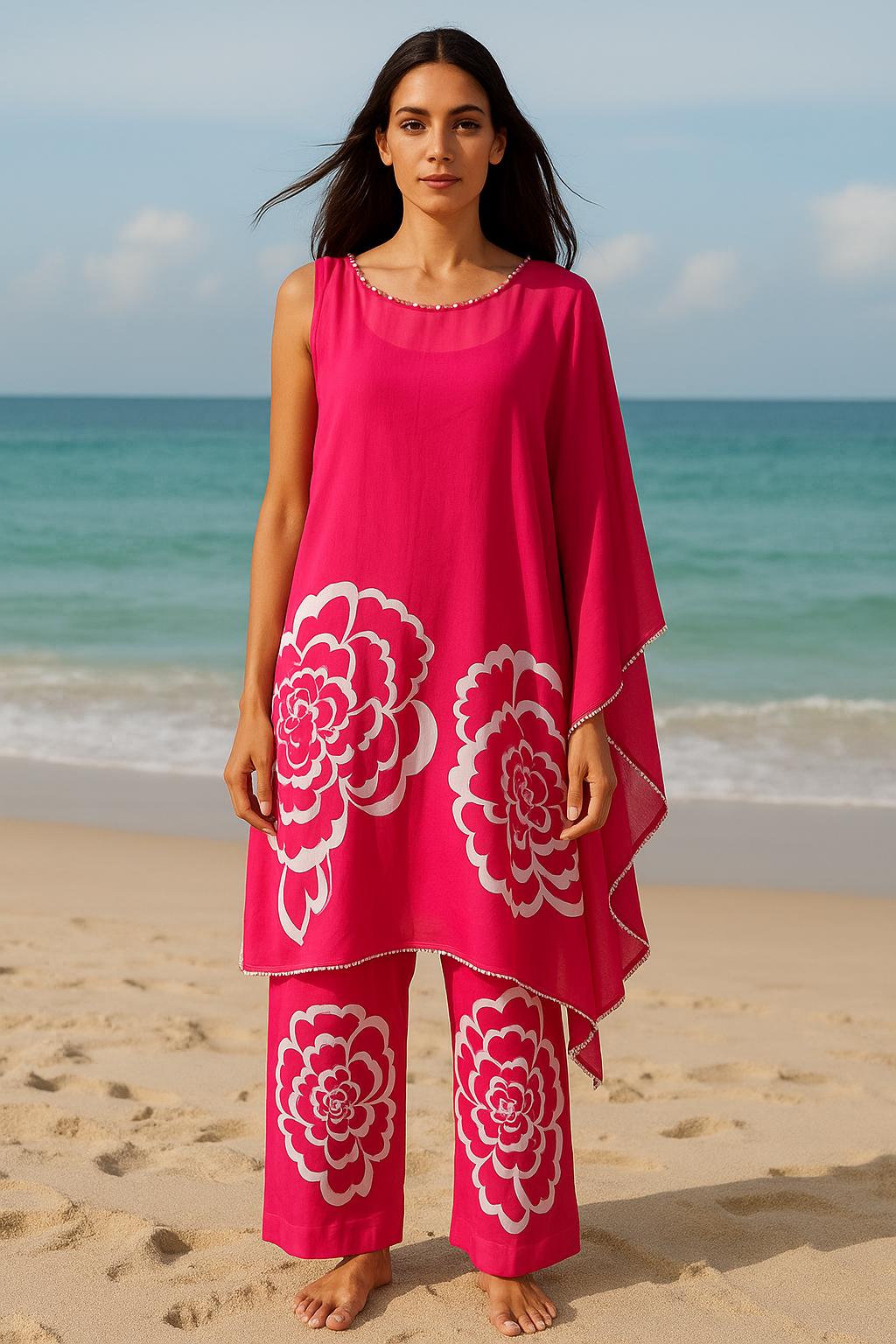Bright Pink Satin Kaftan  Pearl & Lace Detail