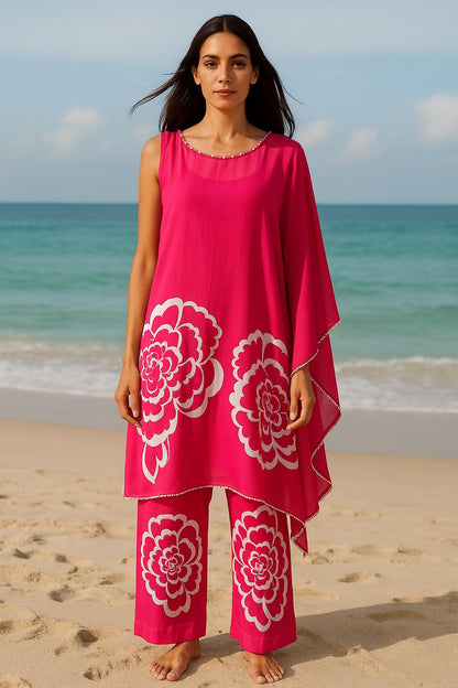 Bright Pink Satin Kaftan  Pearl & Lace Detail