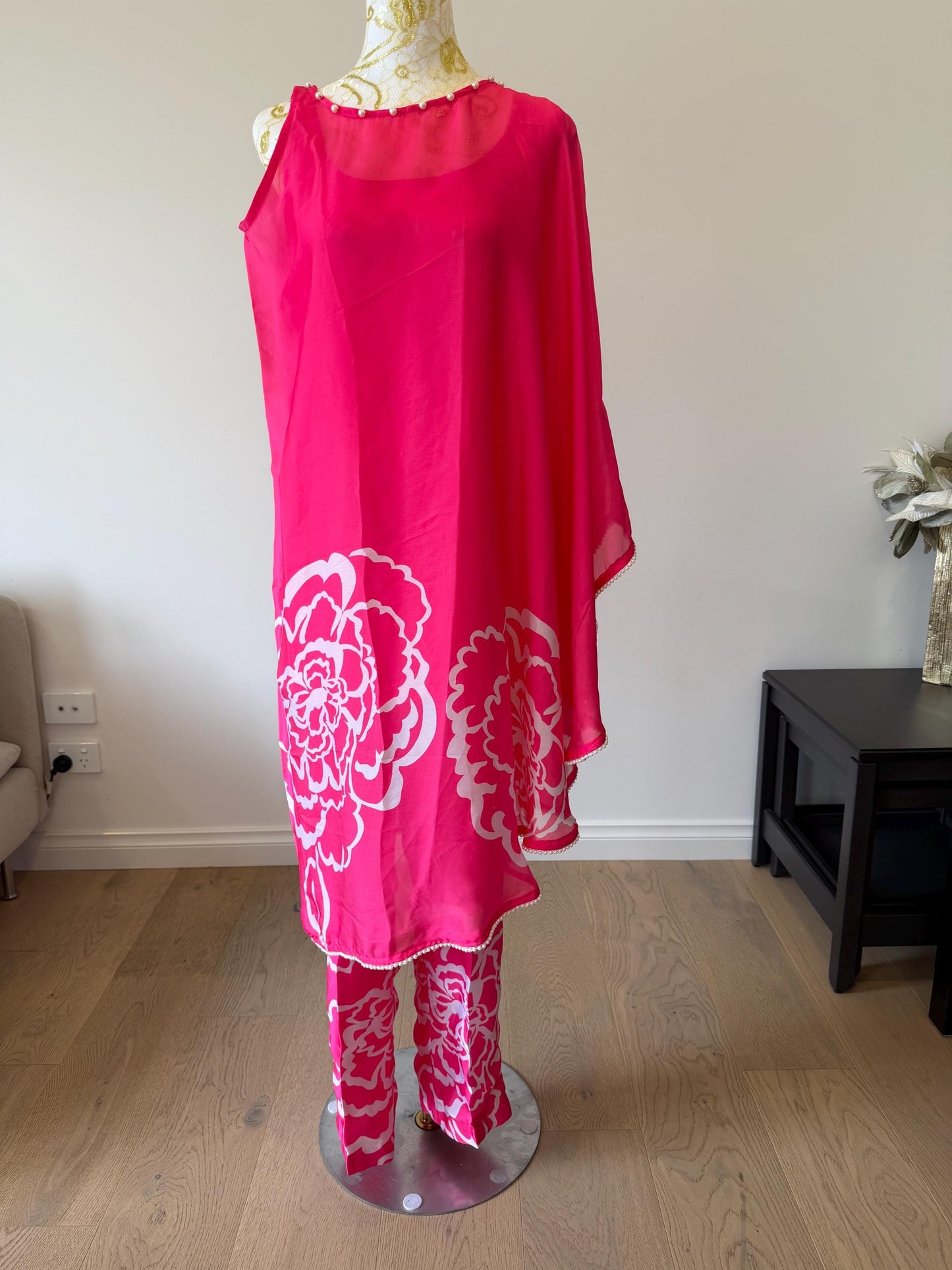 Bright Pink Satin Kaftan  Pearl & Lace Detail