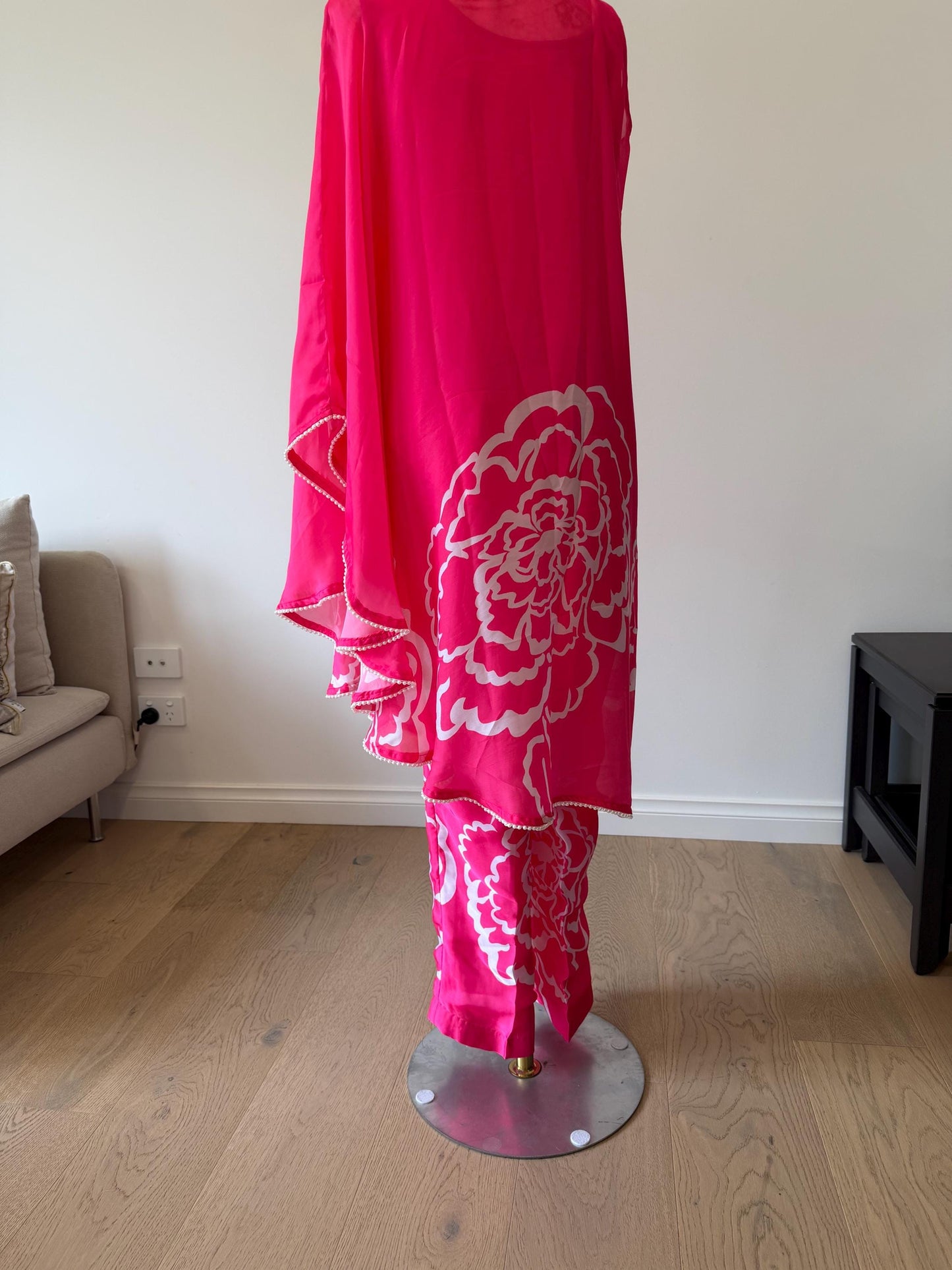 Bright Pink Satin Kaftan  Pearl & Lace Detail