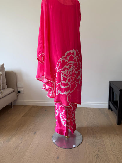 Bright Pink Satin Kaftan  Pearl & Lace Detail