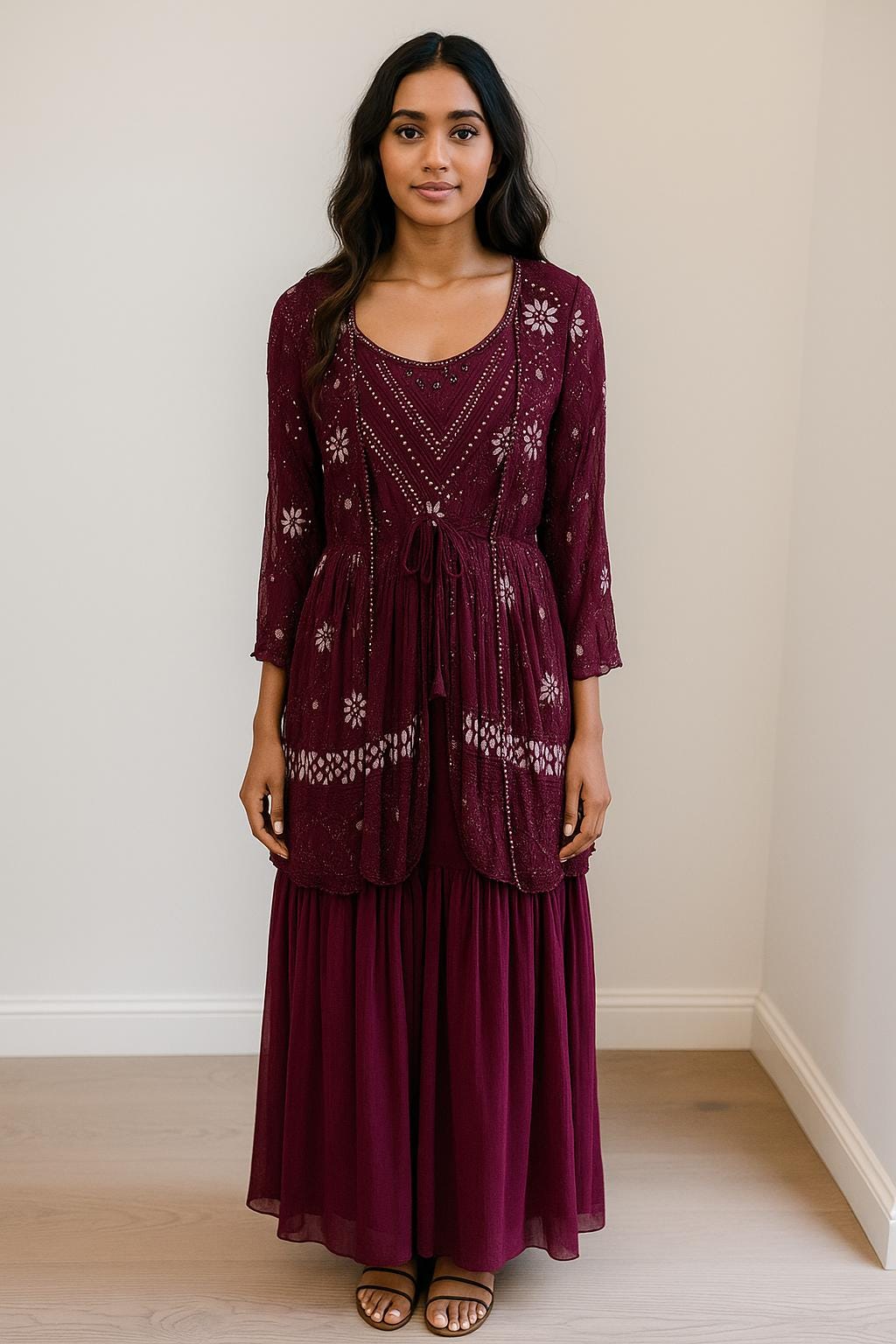 Plum Wine Georgette Cape 3pc indowestern Setin 40-42 size