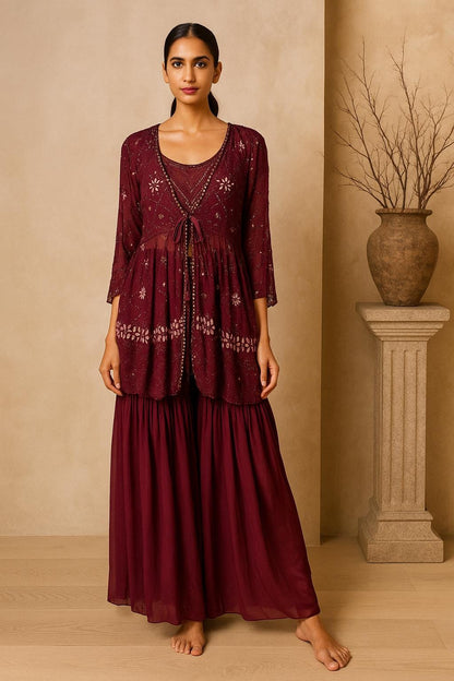 Plum Wine Georgette Cape 3pc indowestern Setin 40-42 size