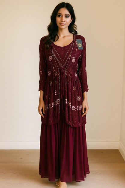 Plum Wine Georgette Cape 3pc indowestern Setin 40-42 size