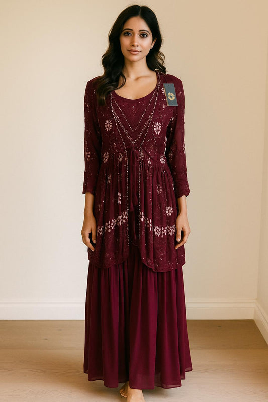 Plum Wine Georgette Cape 3pc indowestern Setin 40-42 size