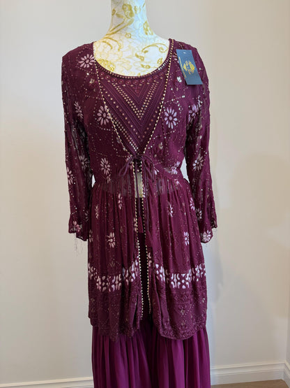 Plum Wine Georgette Cape 3pc indowestern Setin 40-42 size