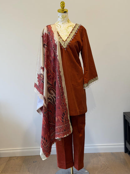 Rust Velvet Indian Outfit with Digital Print Stole | Size 44