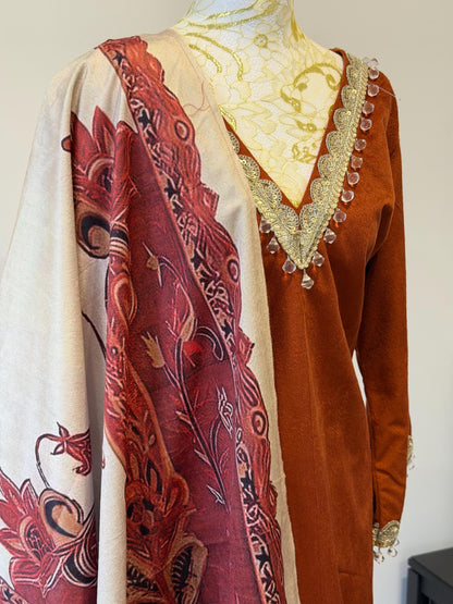 Rust Velvet Indian Outfit with Digital Print Stole | Size 44