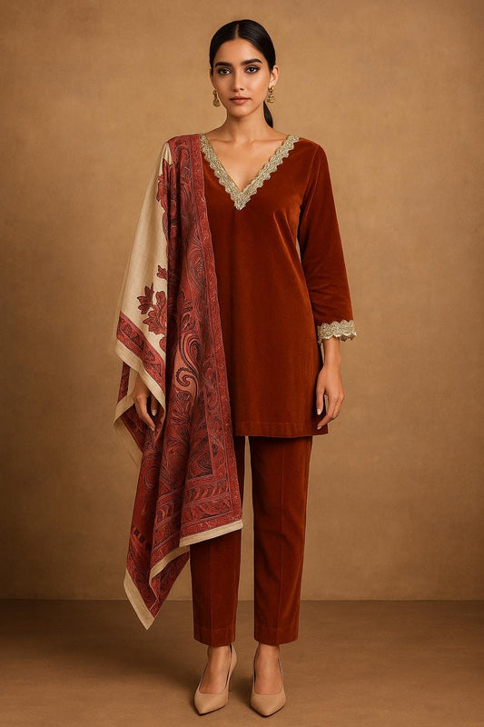 Rust Velvet Indian Outfit with Digital Print Stole | Size 44