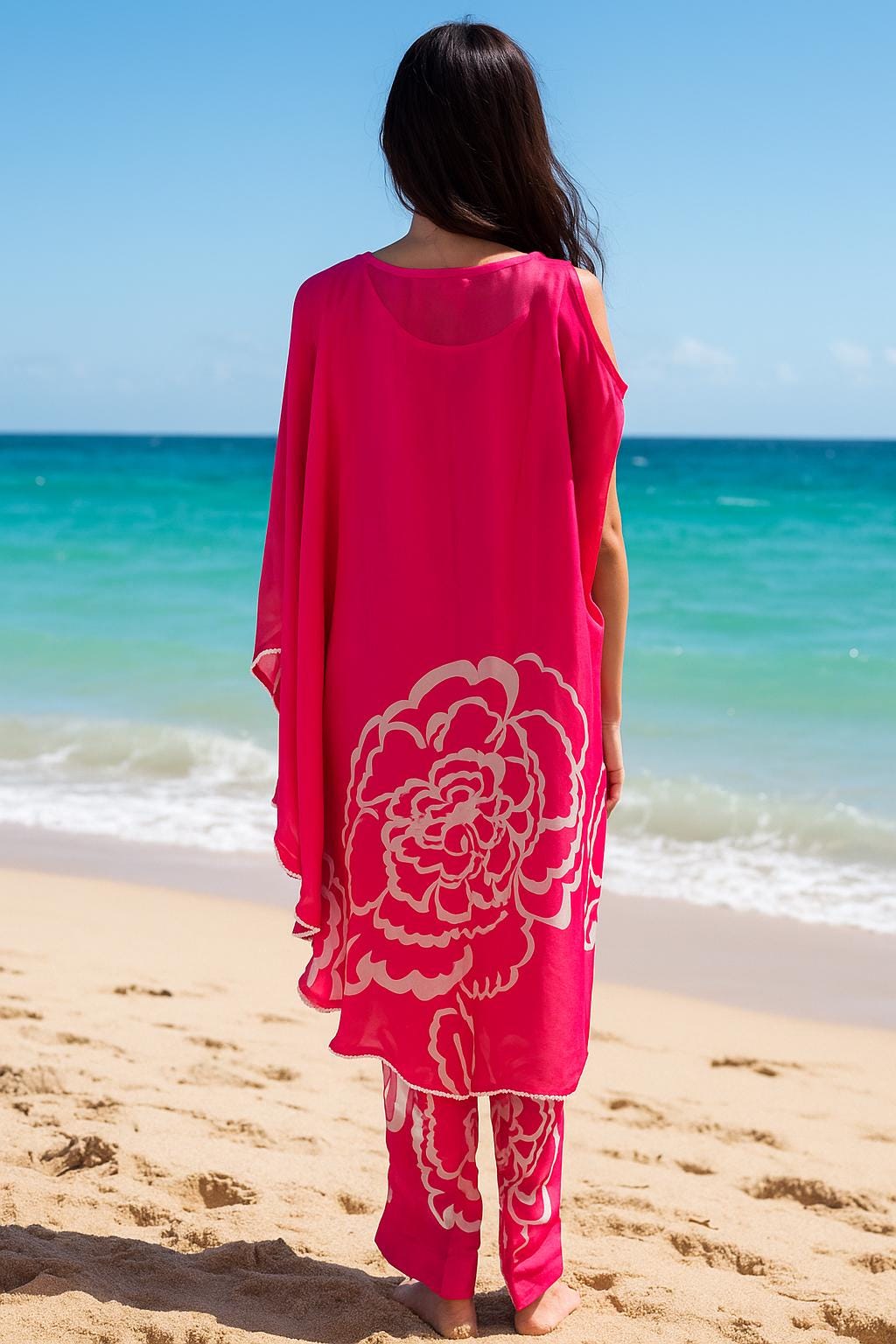 Bright Pink Satin Kaftan  Pearl & Lace Detail