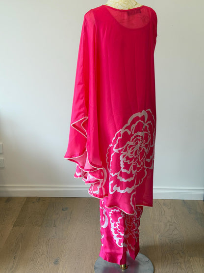 Bright Pink Satin Kaftan  Pearl & Lace Detail