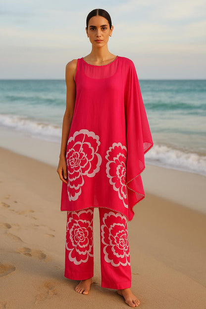 Bright Pink Satin Kaftan  Pearl & Lace Detail