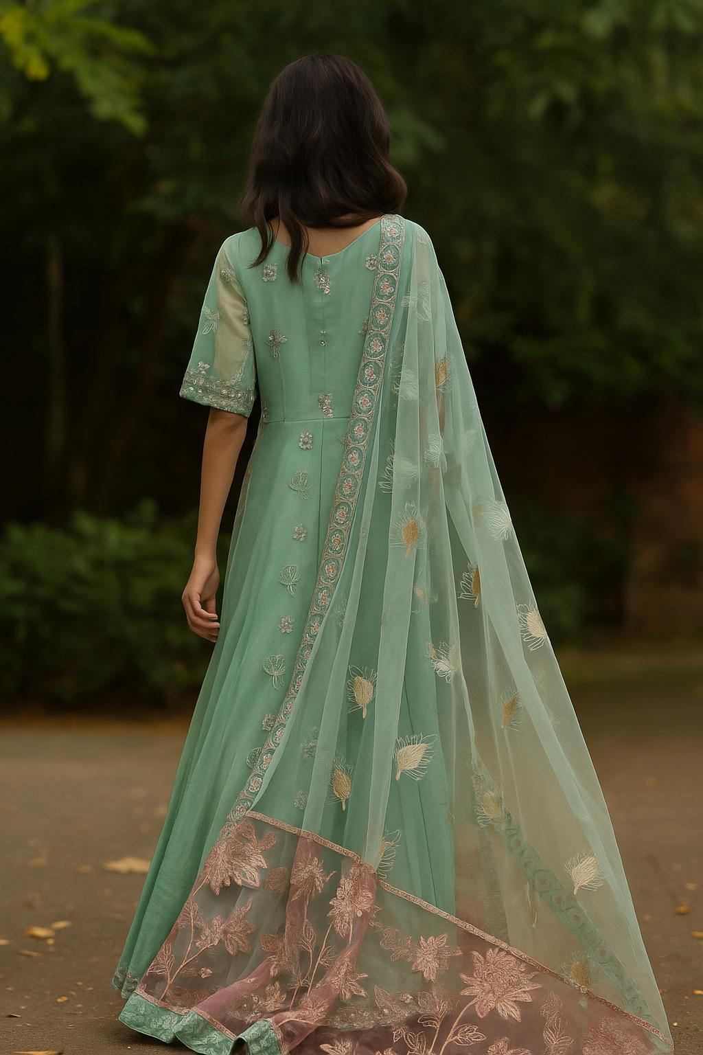 Mint Green Embroidered Pakistani Anarkali Elegant Suit