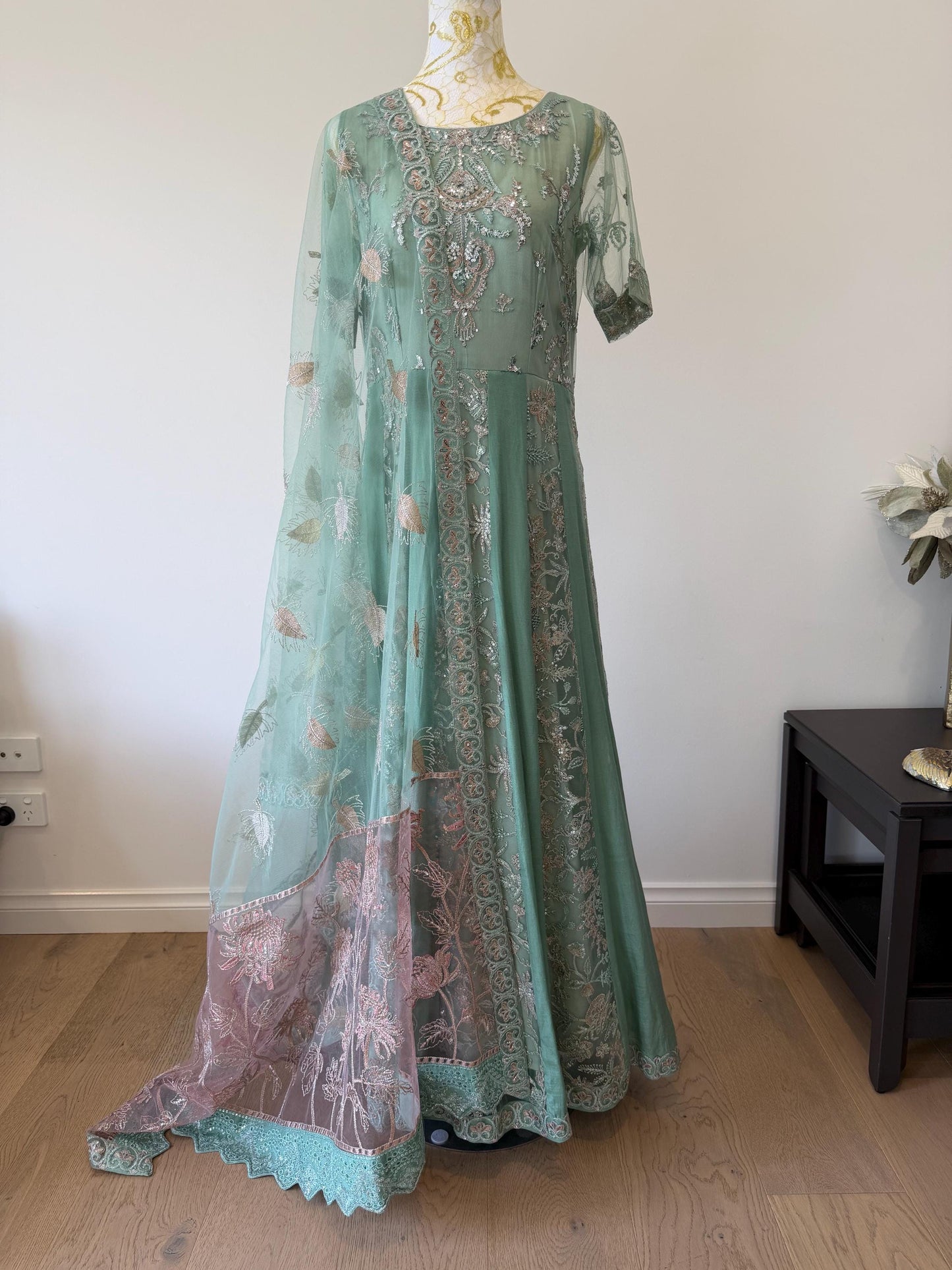 Mint Green Embroidered Pakistani Anarkali Elegant Suit