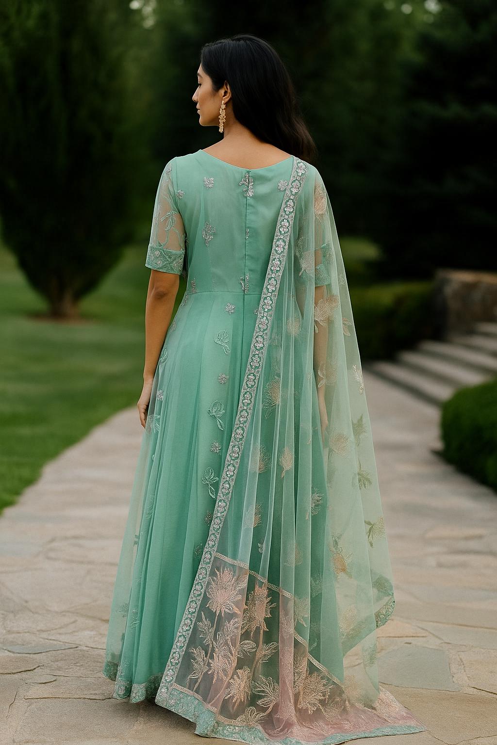 Mint Green Embroidered Pakistani Anarkali Elegant Suit