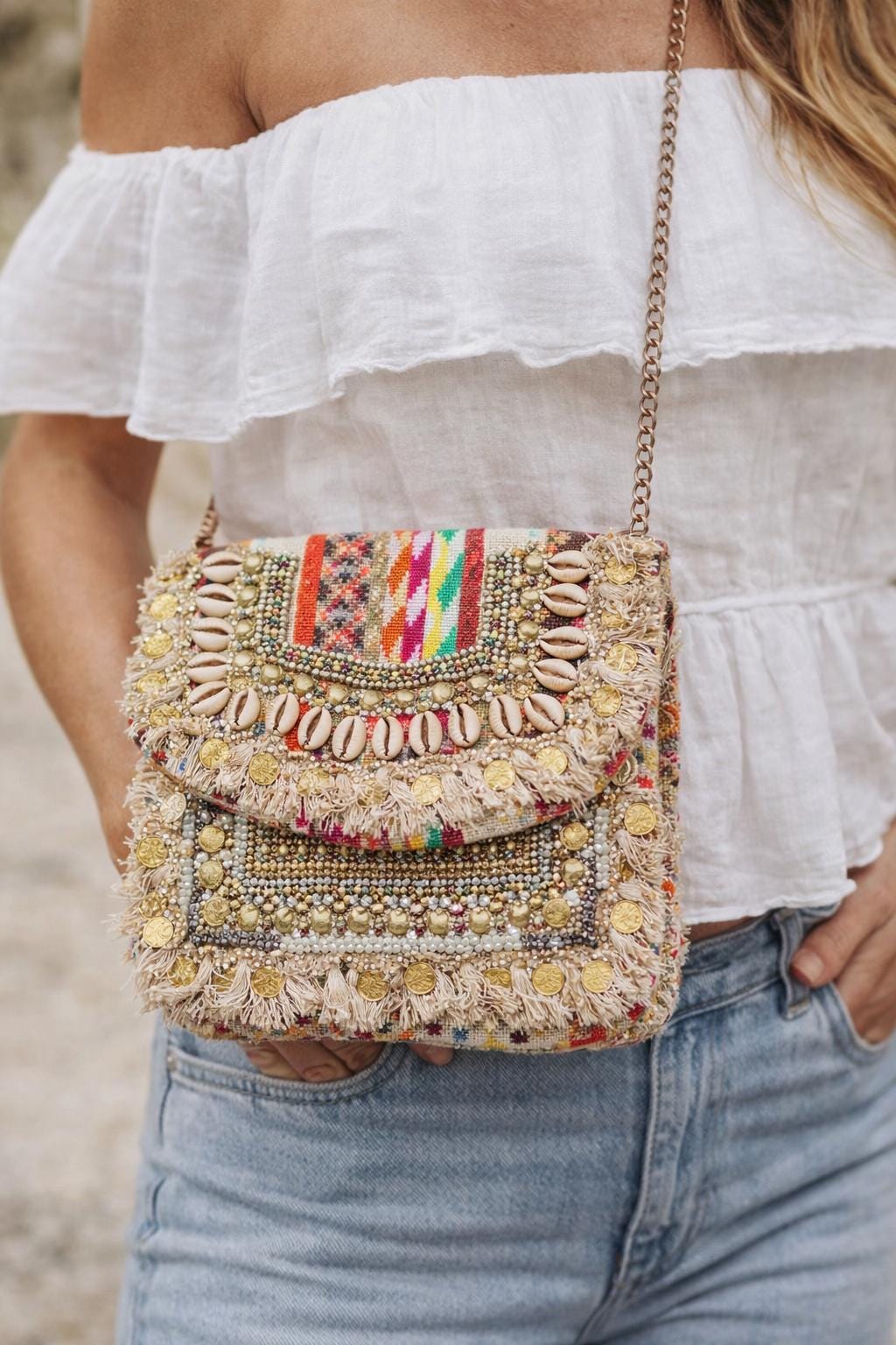 Handmade Boho Sling Bag | Shell & Beaded Crossbody 1