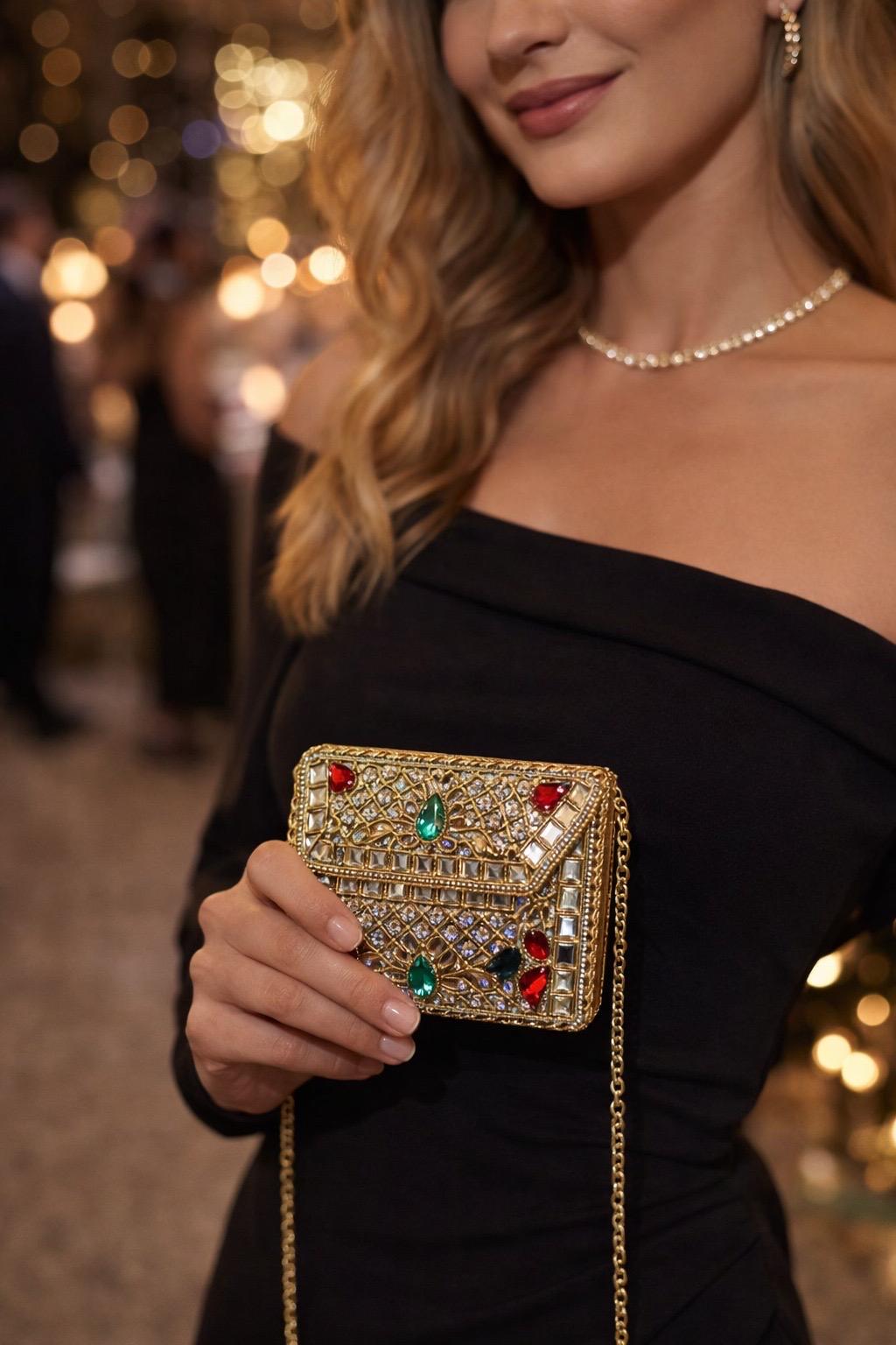 Gold Metal Evening Bag | Mirror Work Indian Wedding Clutch, size - 10*10 cms