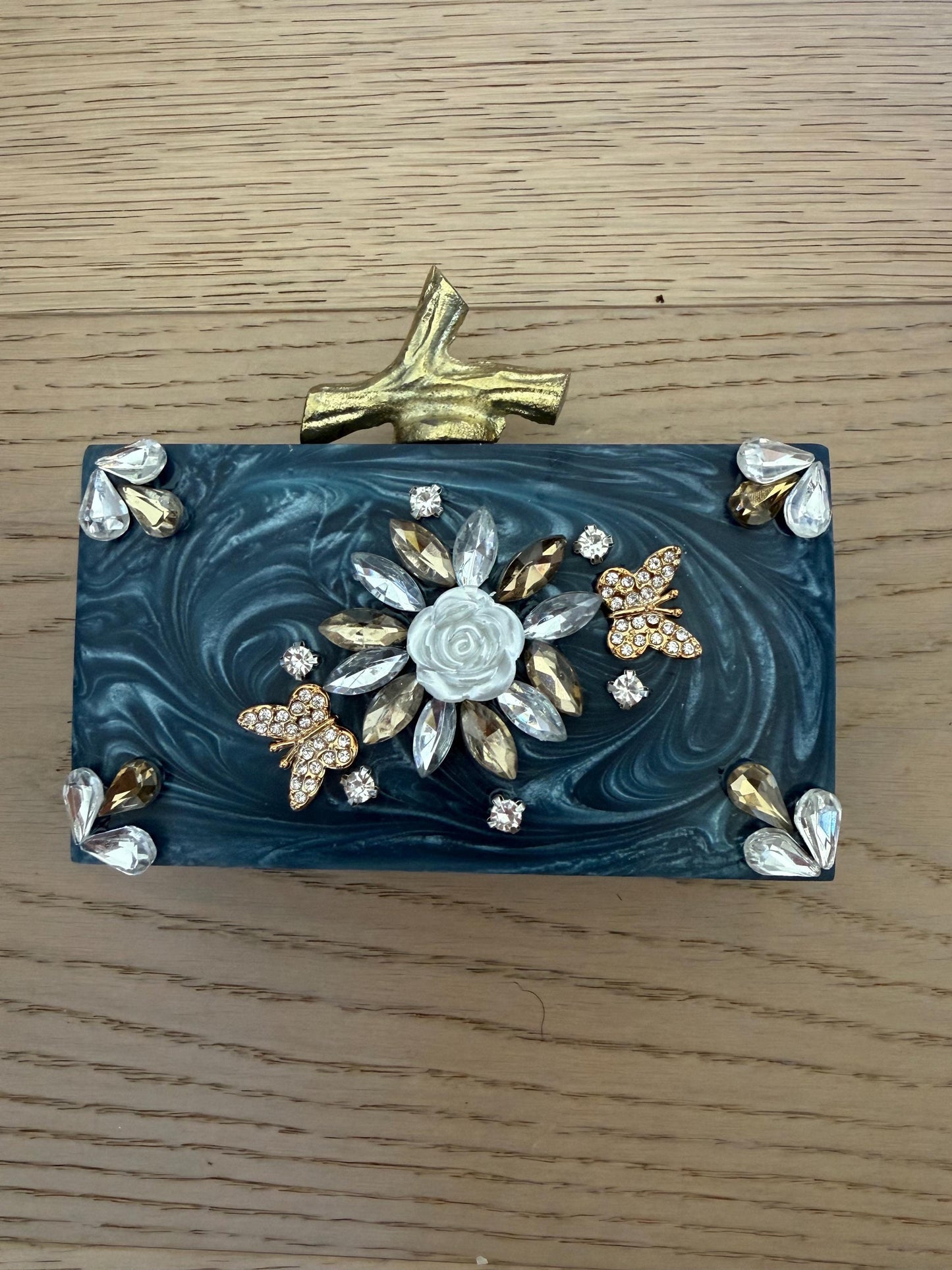 Blue Marble Resin Clutch with Gold Chain