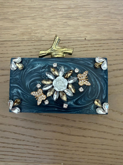 Blue Marble Resin Clutch with Gold Chain