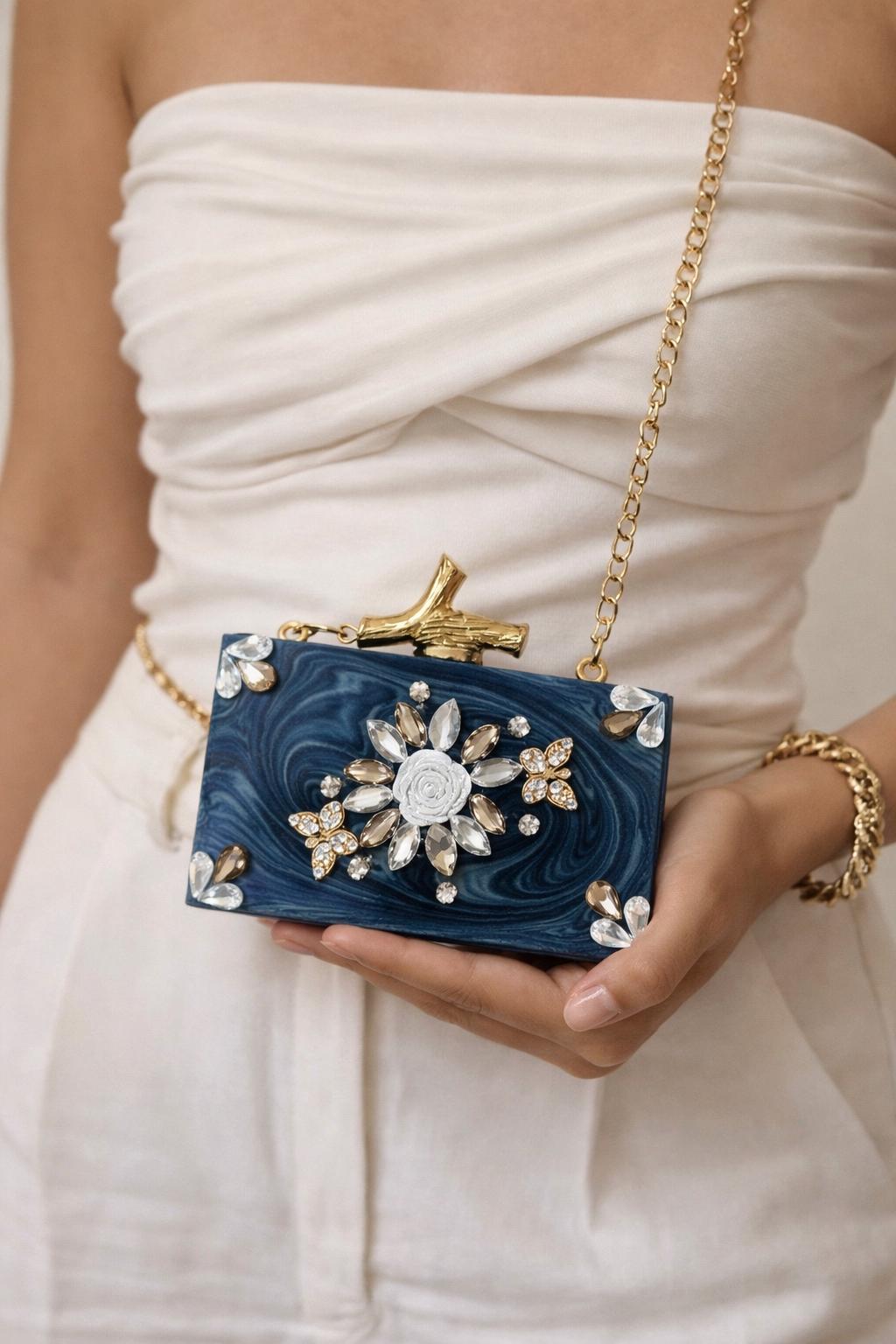 Blue Marble Resin Clutch with Gold Chain
